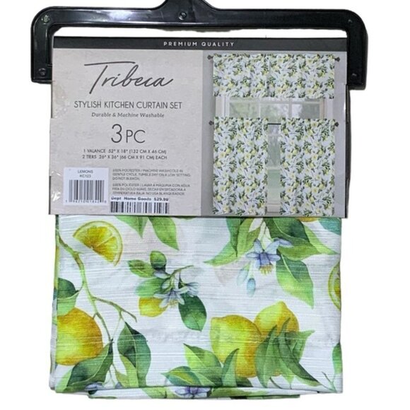Tribeca Cafe Curtain Set Lemon Print 3 Piece Tier Set Fruit Floral White Yellow - Picture 7 of 15